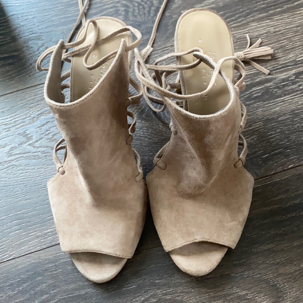Strappy nude suede booties open toe